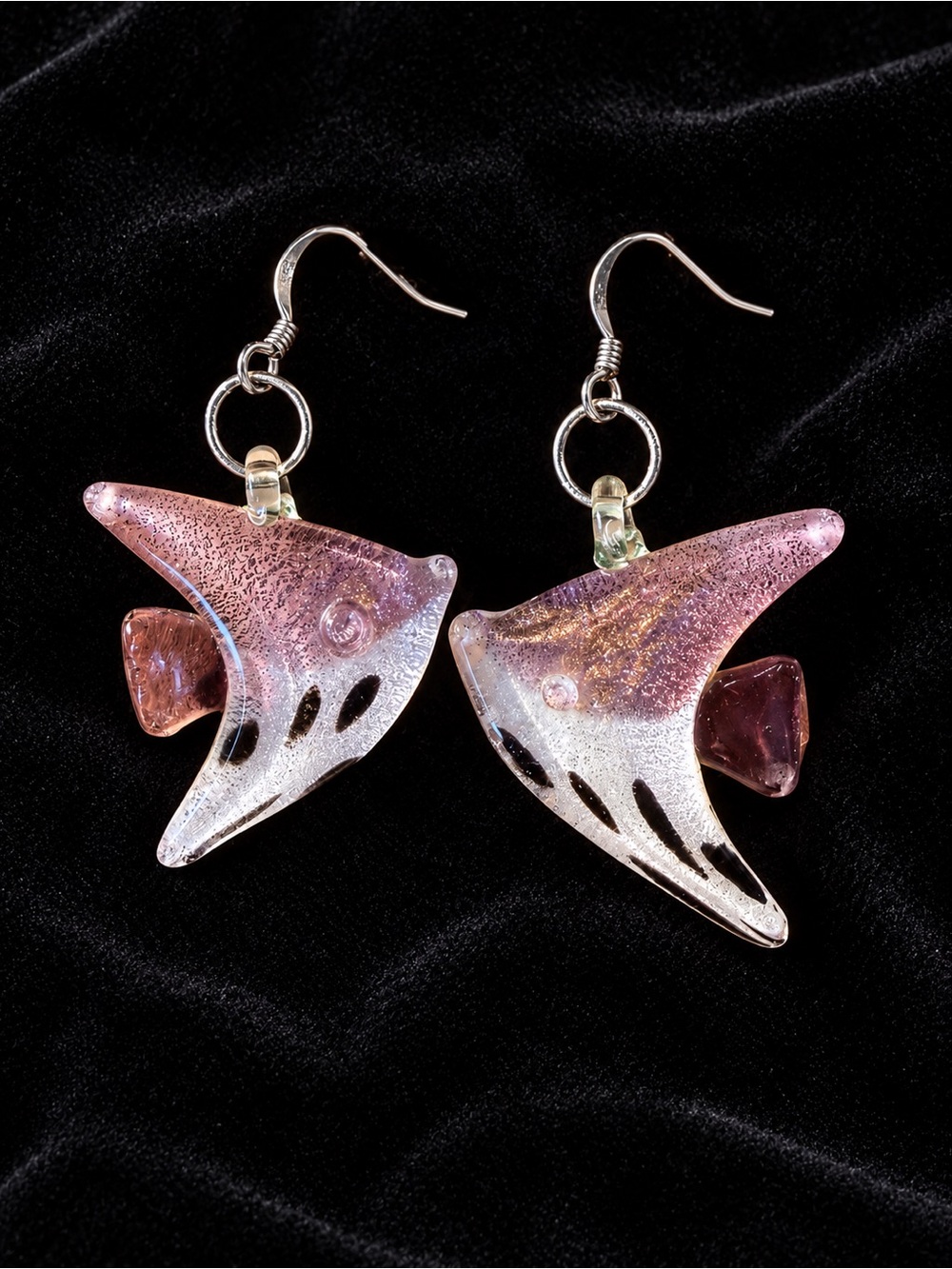 Glass Angelfish Dangle Earrings in Amethyst, White, and Black